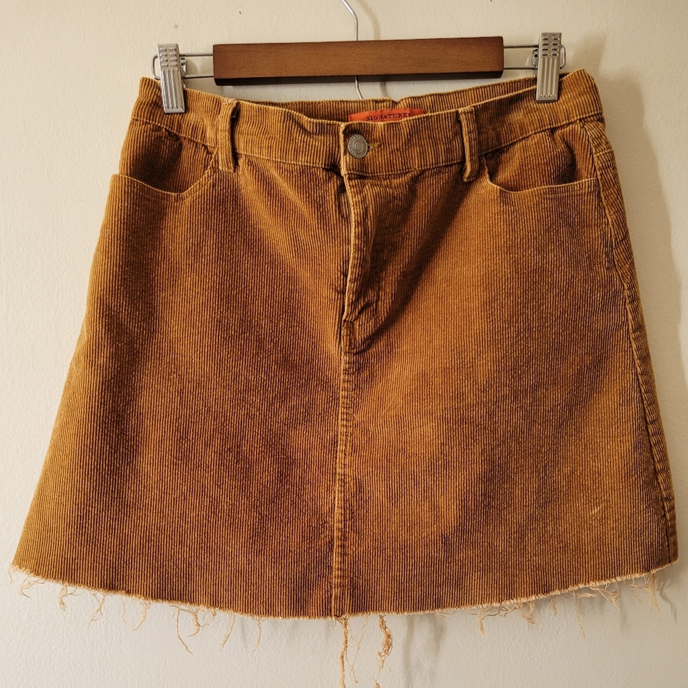 Signature8 Brown Y2K Academia Fall Corduroy Distressed Raw Hem Mini Skirt Large